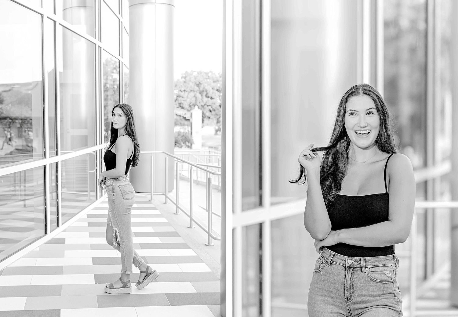 Black and white architectural portraits with modern styling and dramatic window lighting.