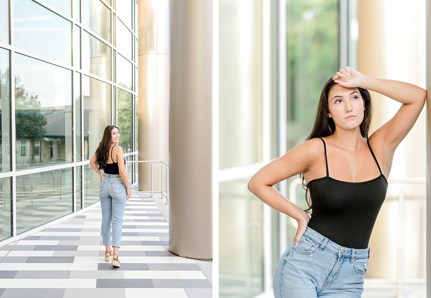 Modern fashion portraits in an architectural hallway with floor-to-ceiling windows.