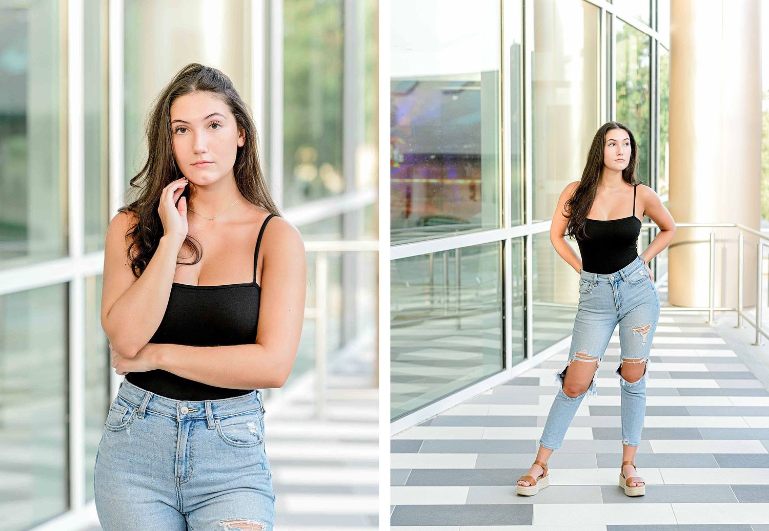 Contemporary fashion portraits in natural light with minimalist architectural background.