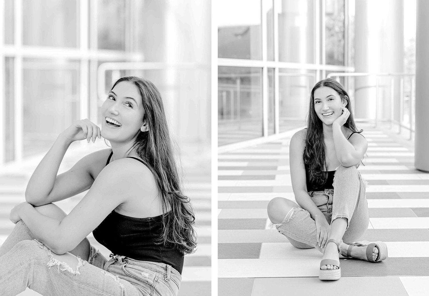 Black and white fashion portraits showing casual poses in modern architectural setting.