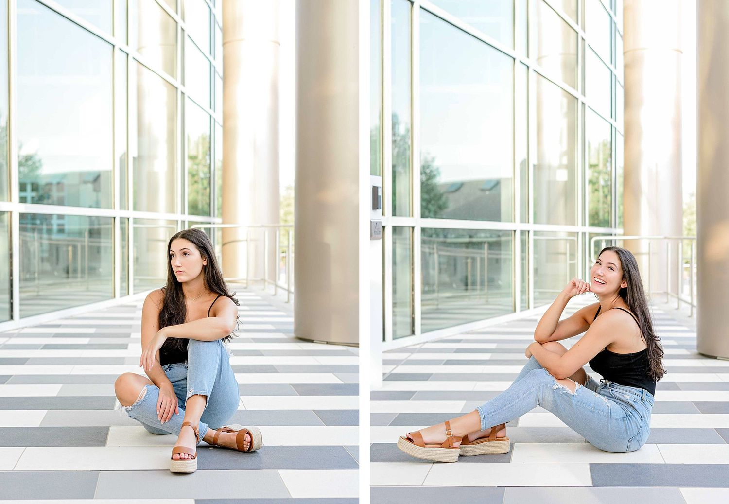 Lifestyle fashion portraits on striped flooring with natural window lighting.