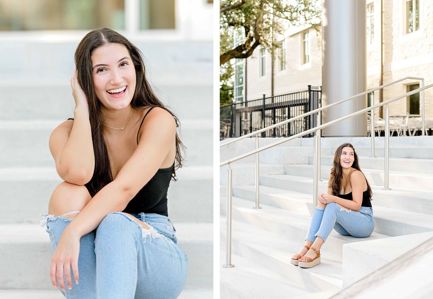 Candid outdoor portraits showing joyful expressions on modern architectural steps.