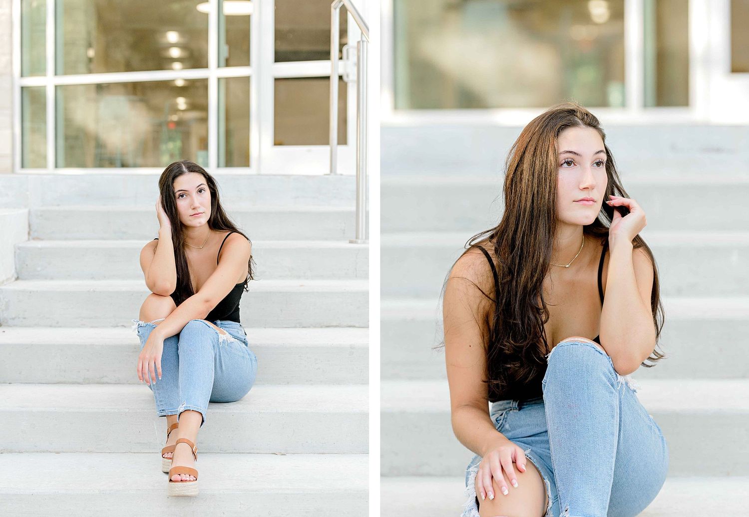 Side-by-side portraits showcasing casual style against minimalist architectural backdrop.