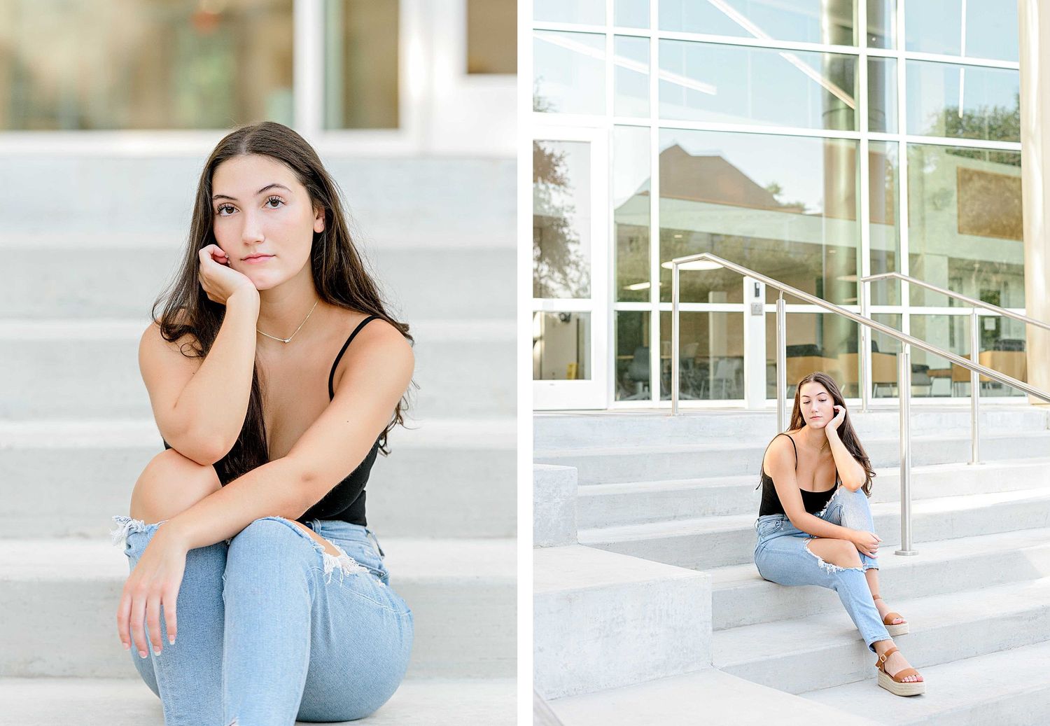 Casual fashion portraits on concrete steps with modern building exterior.