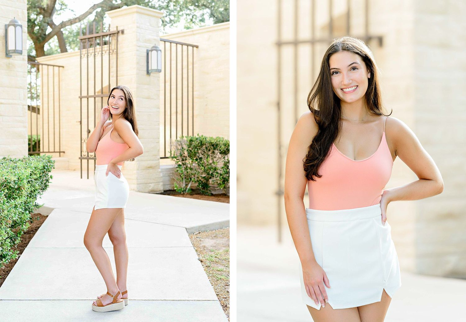 Two-photo set showing summer outfit with coral top and white skirt by decorative gates.