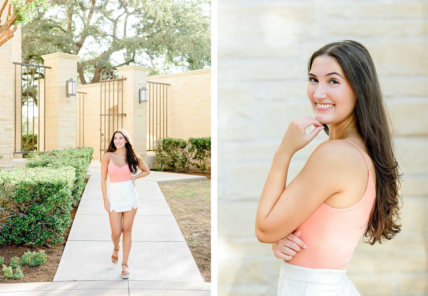 Fashion photo shoot outdoors featuring summer outfit with coral top and white skirt.