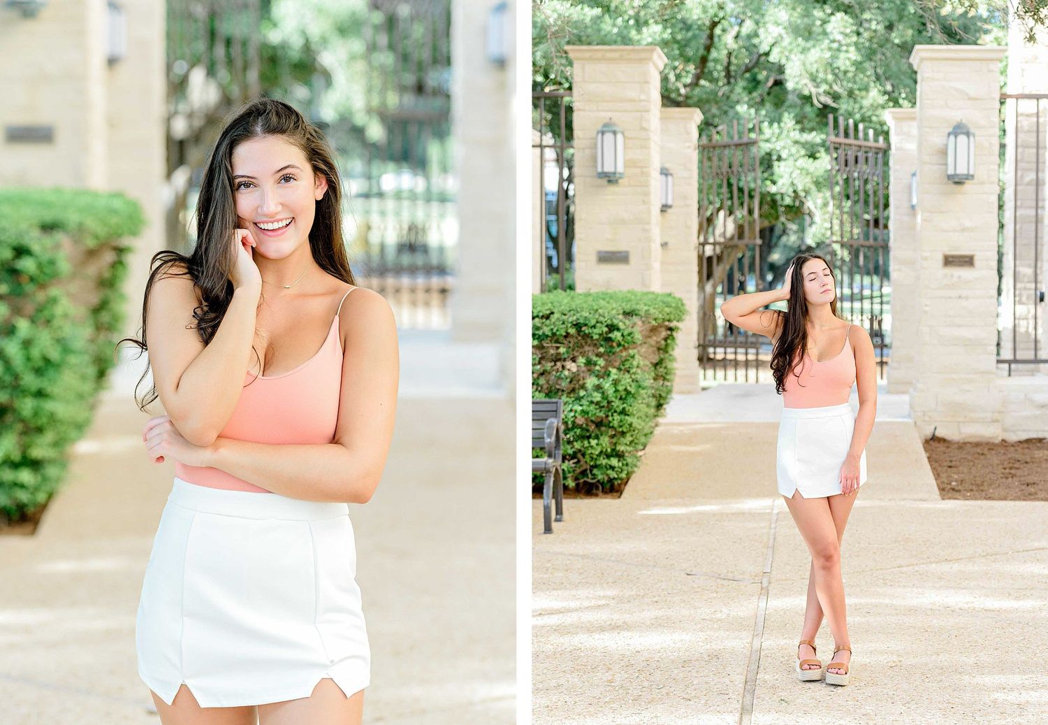 Summer fashion portraits taken outdoors with stone architecture and landscaping.