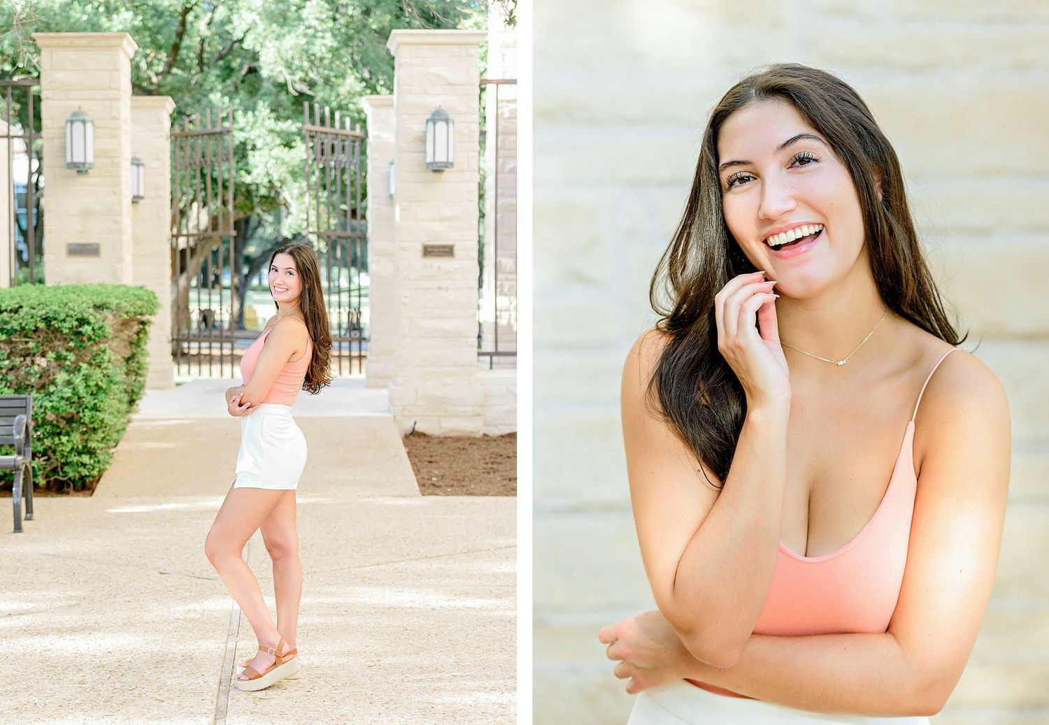 Lifestyle portraits combining full body and close-up shots in coral top and white skirt.