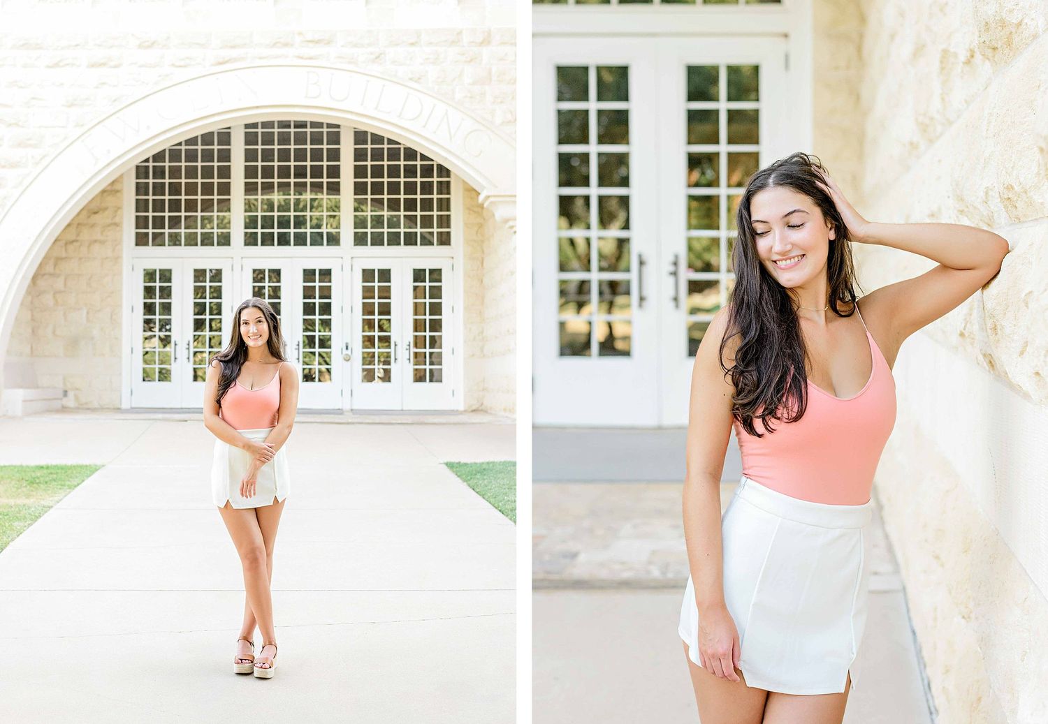 Fashion portraits taken at elegant location with arched windows and stone walls.