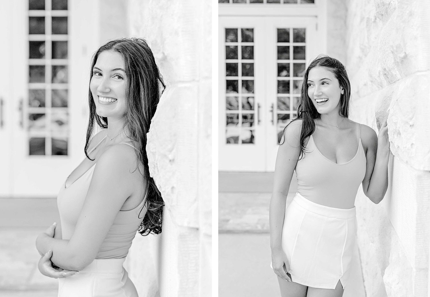 Black and white portraits showing a person in casual summer attire against a white building background.