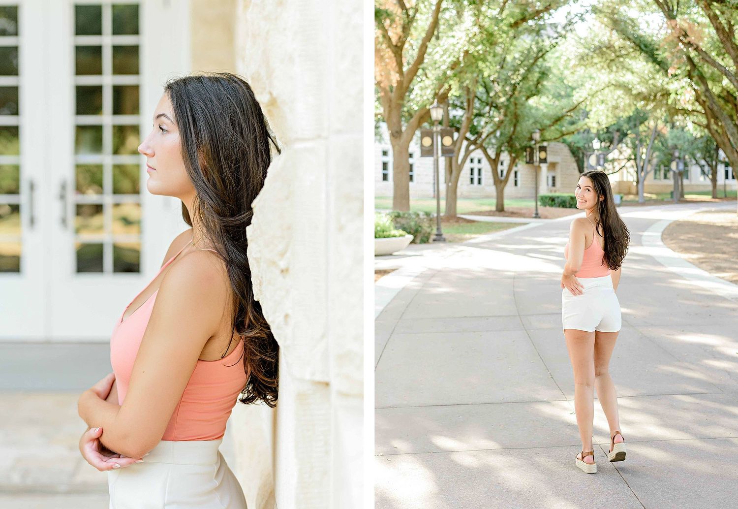 Portrait session featuring casual summer outfit against building columns and tree-lined walkway.