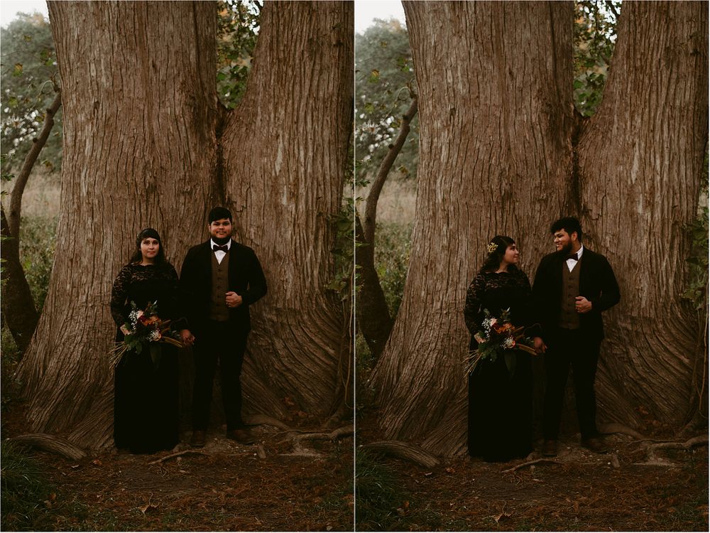 Two side-by-side photos of a couple in Victorian-inspired clothing posing against a massive tree trunk.