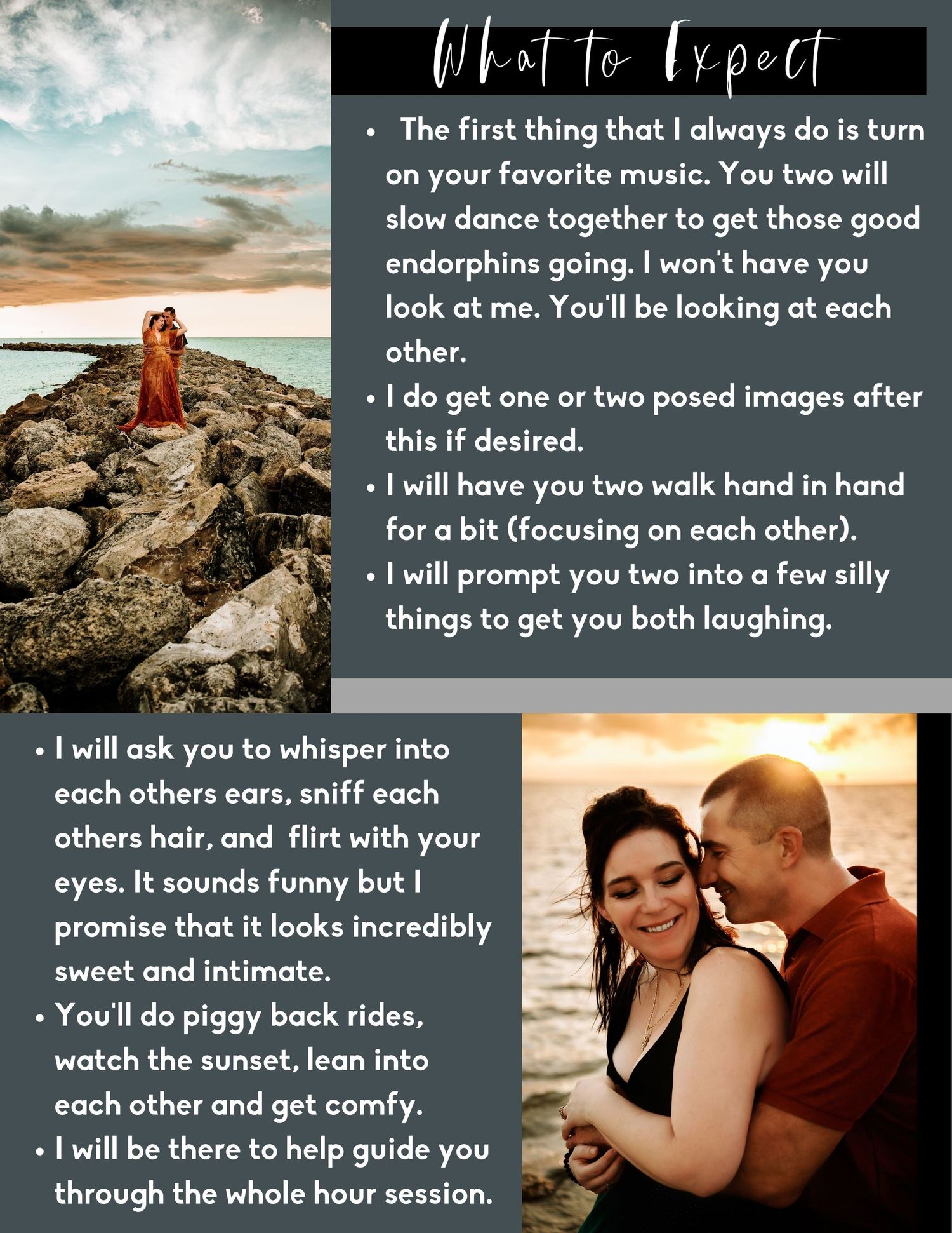 What to expect during a couples photography session including poses and prompts.