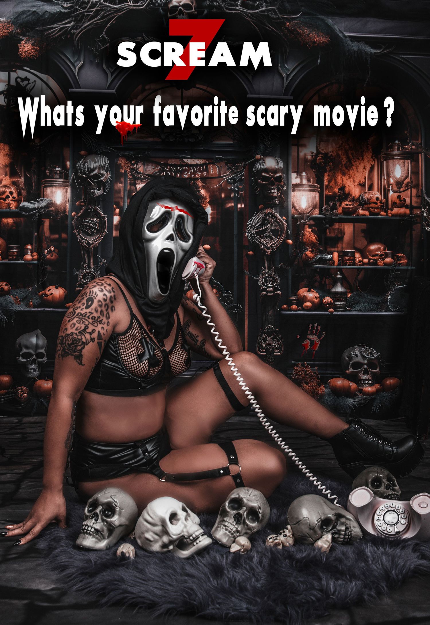 Dark Halloween themed photo featuring Ghostface mask and spooky decorations with skulls.