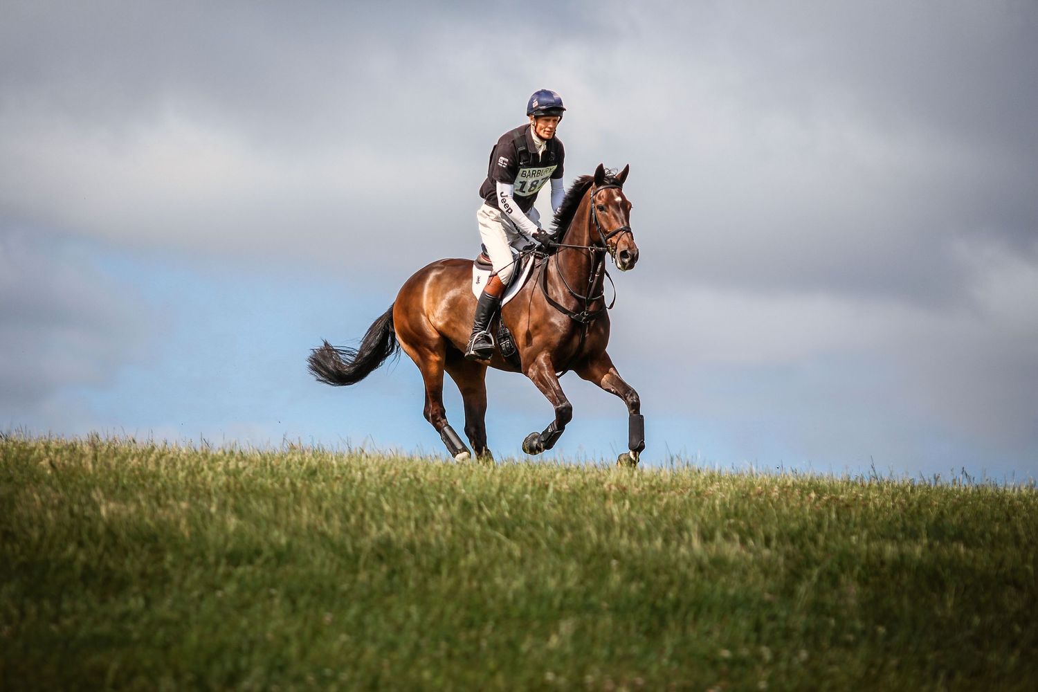 A horse and rider galloping across a grassy hilltop against cloudy skies.