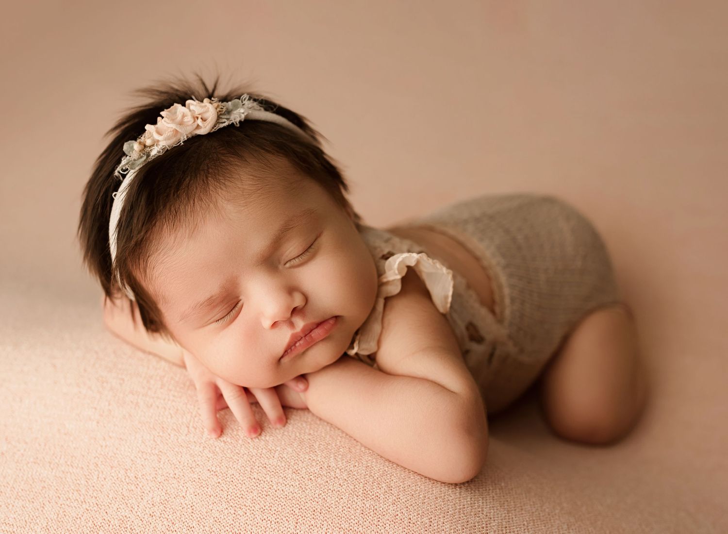 baby girl asleep on tummy, beanbag pose, redlands newborn photographer