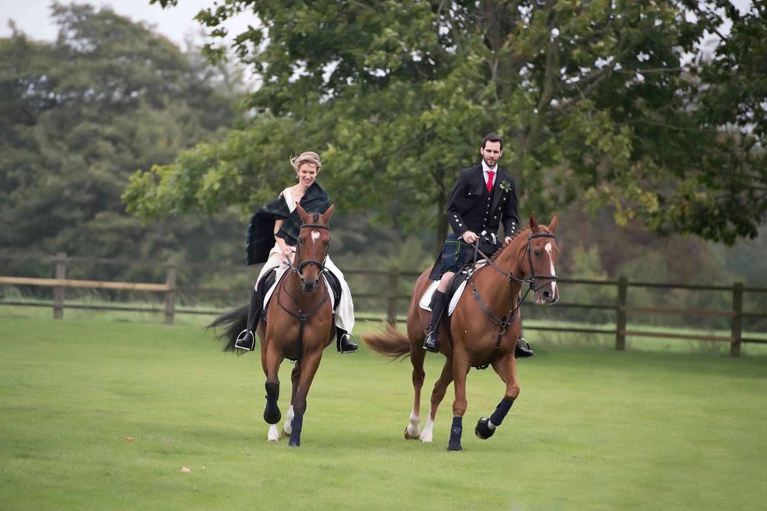 Two equestrians riding horses across a lush green field surrounded by trees and fencing.
