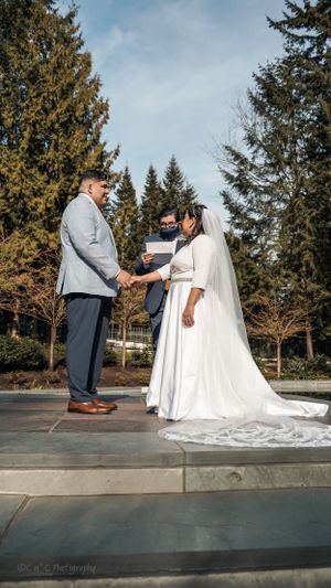 A wedding ceremony taking place outdoors with evergreen trees in the background on a raised platform.