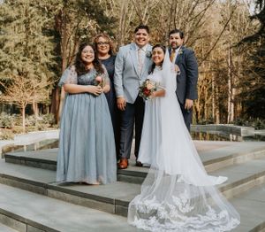Wedding party posed on concrete steps with bride in white and attendants in blue and grey formal wear.