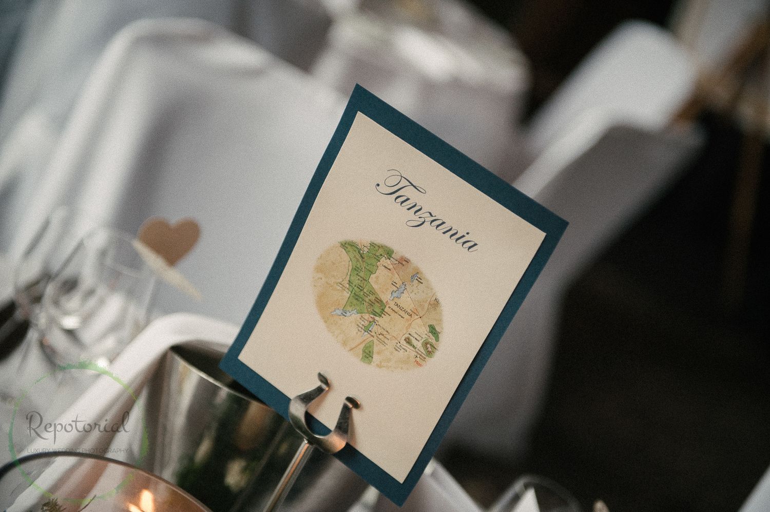 Reportage detail shot of wedding table sign