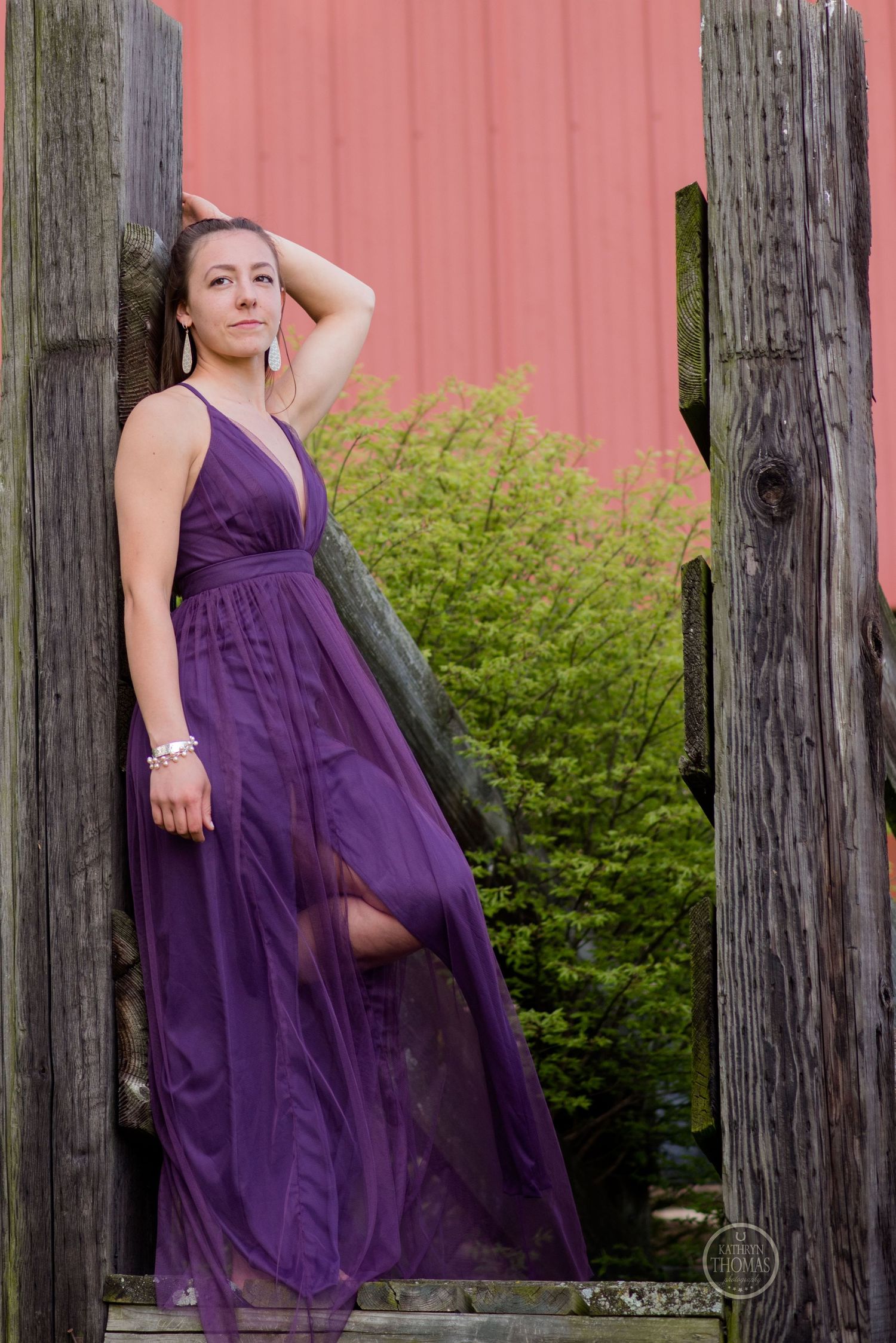 An elegant purple gown flows in the breeze between rustic wooden posts.