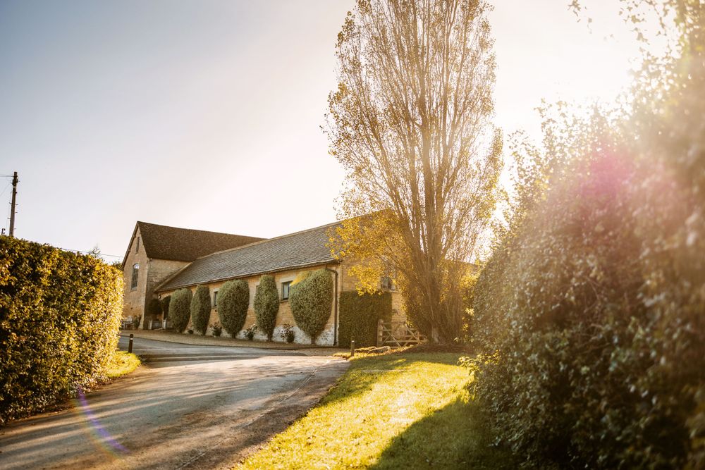 Sunlit driveway leading to a rustic building with tall poplar trees casting long shadows at Merriscourt.