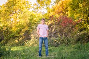 Series of autumn portraits in a field with golden foliage and trees during sunset.