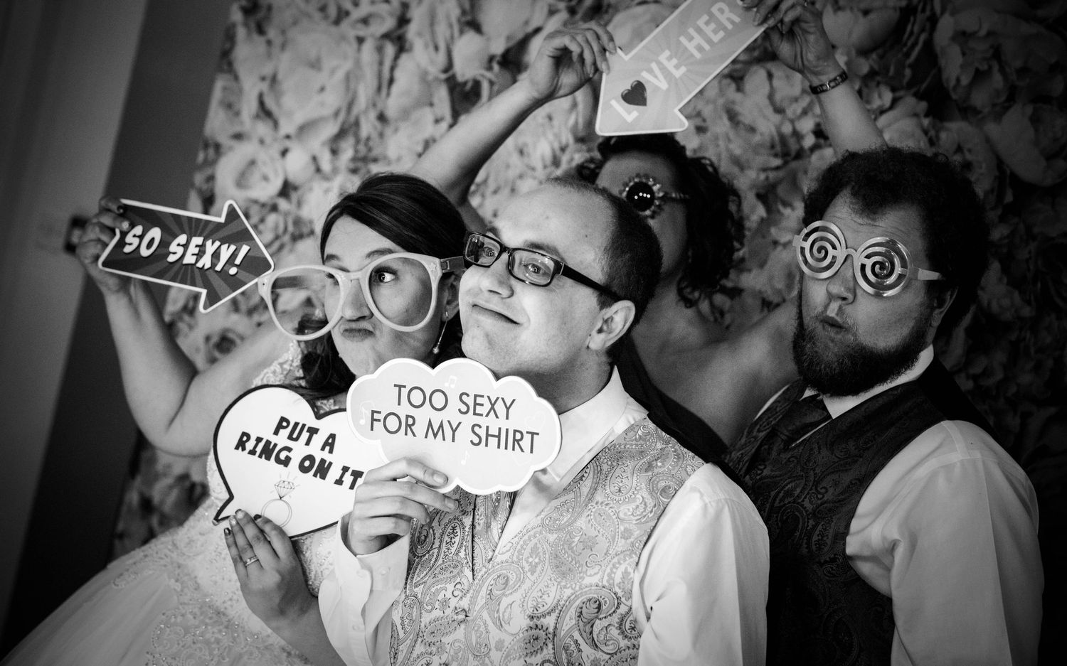 Black and white photos showing guests with speech bubbles at a wedding reception.