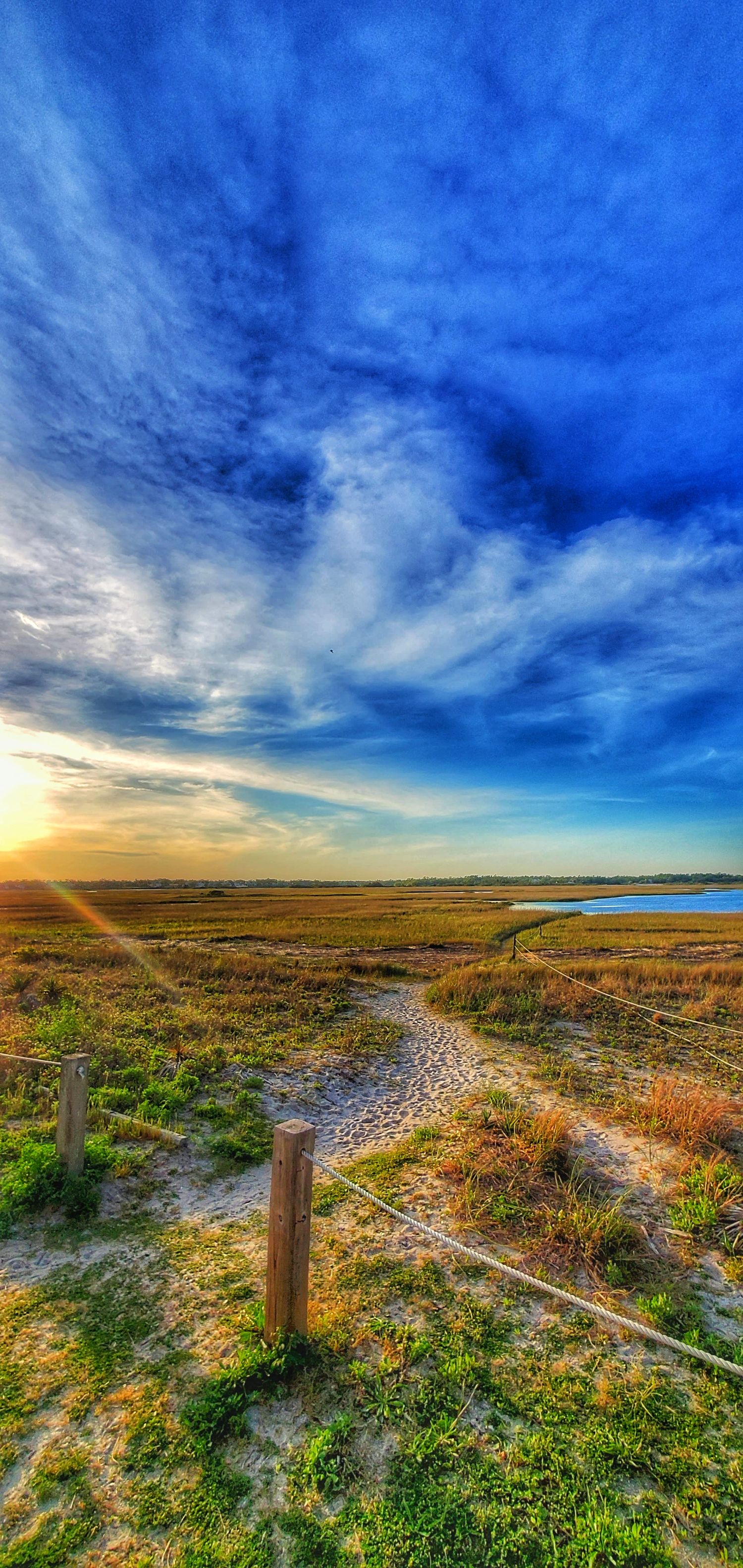 Sandy path through coastal grassland under dramatic blue sky with sunset on horizon.