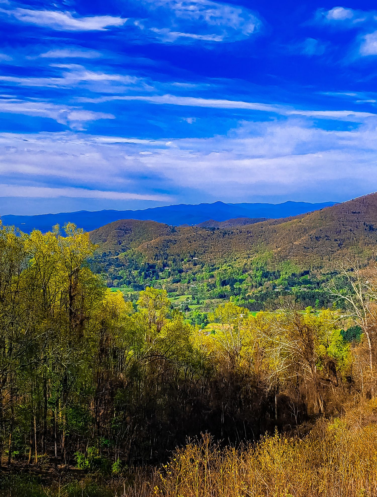Rolling mountain landscape with autumn foliage under bright blue skies.