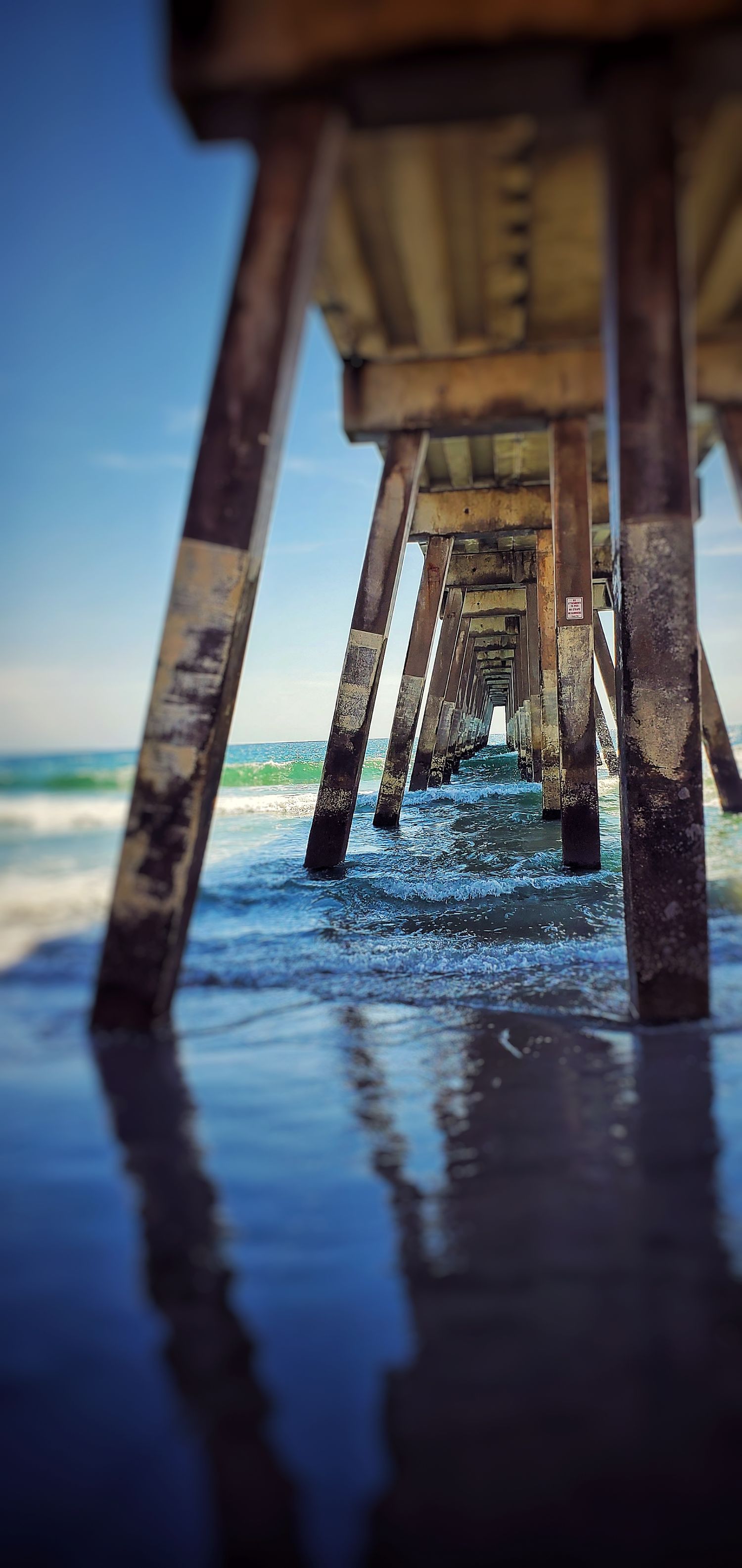 Under-pier perspective showing wooden supports stretching into ocean with tilt-shift effect.