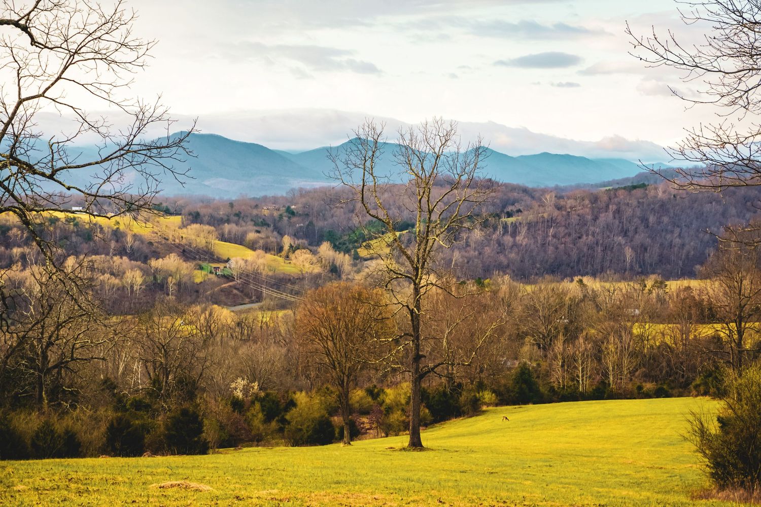 Rolling hills and mountains with autumn colors under a cloudy sky in a pastoral landscape.