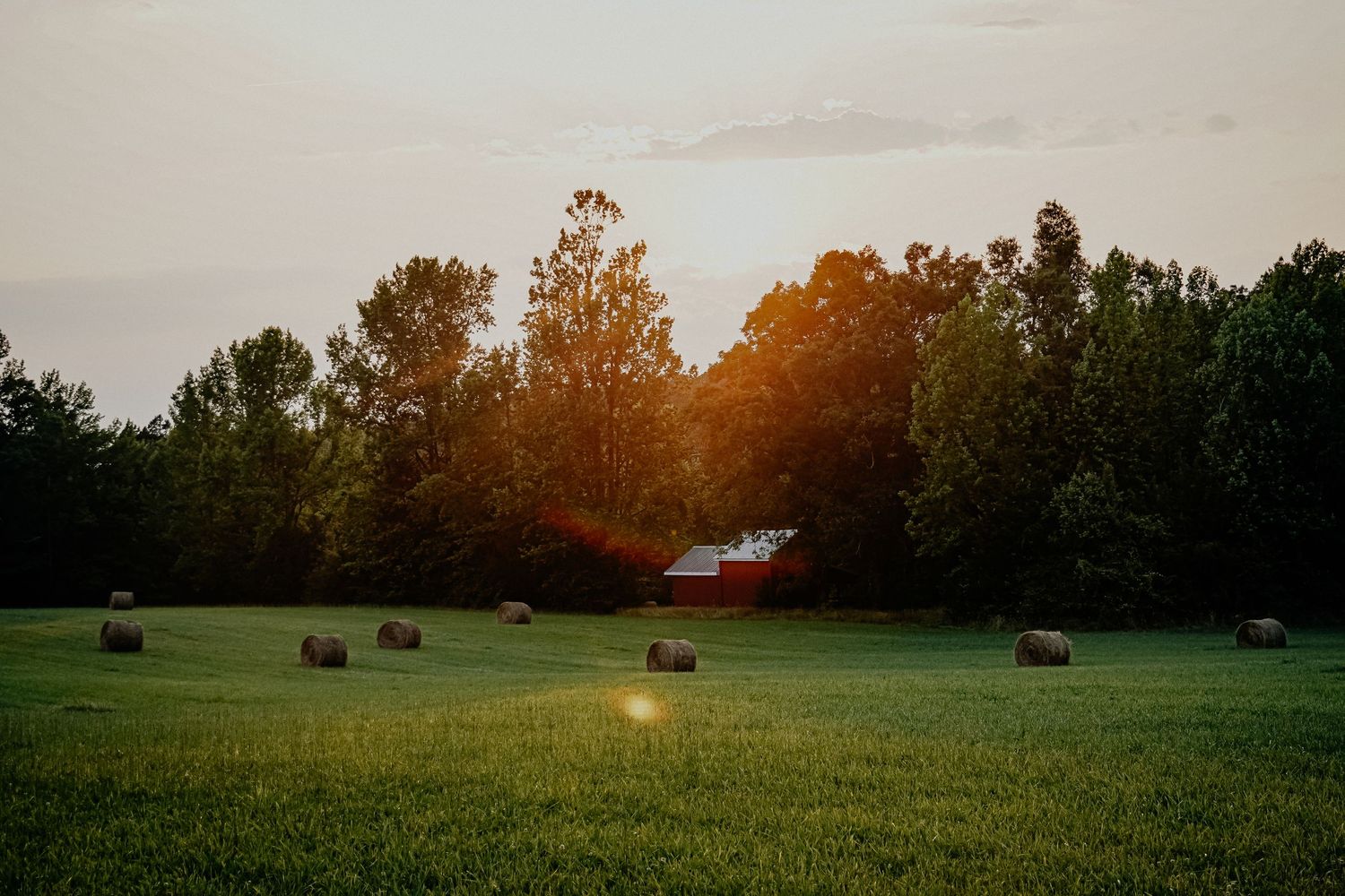 Red barn and round hay bales in a rural field at sunset with golden light filtering through trees.
