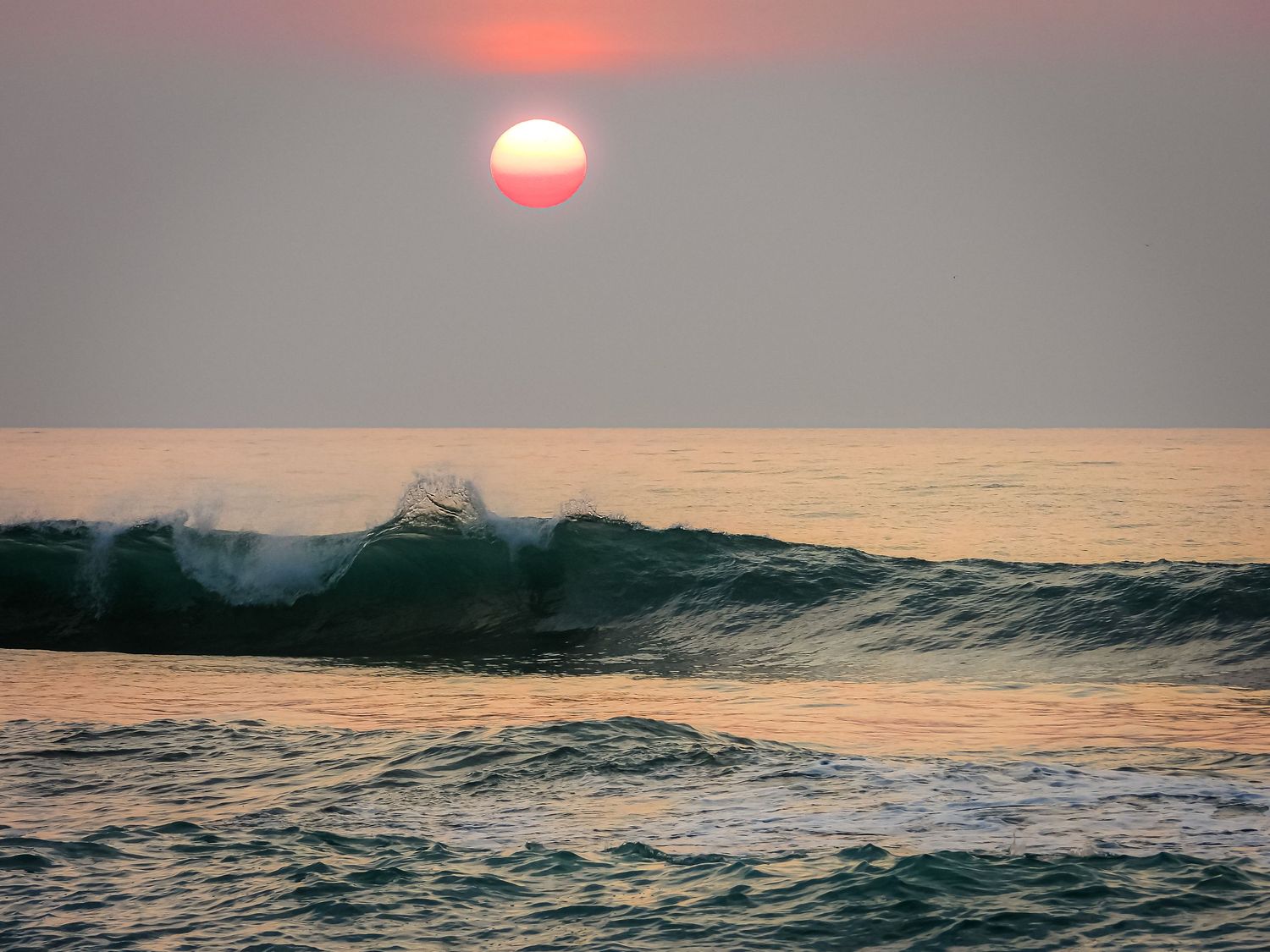 Large ocean wave rolling beneath a red setting sun on the horizon.