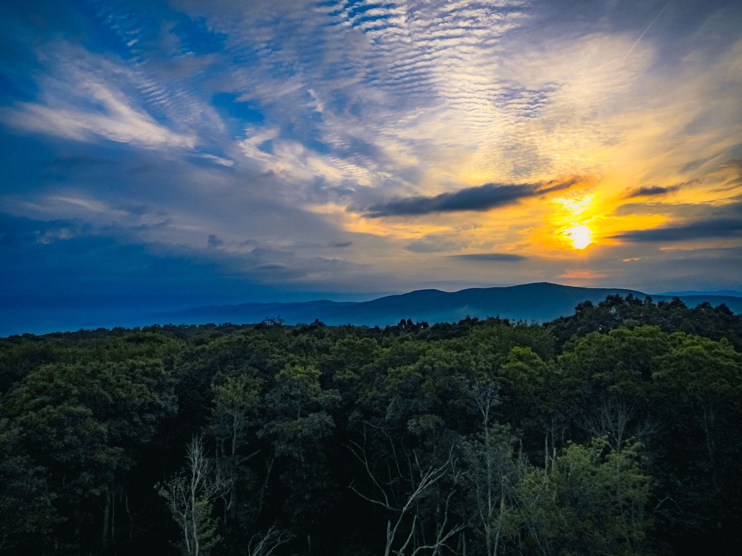 Golden sunset illuminates clouds over mountain silhouettes and dense forest landscape.