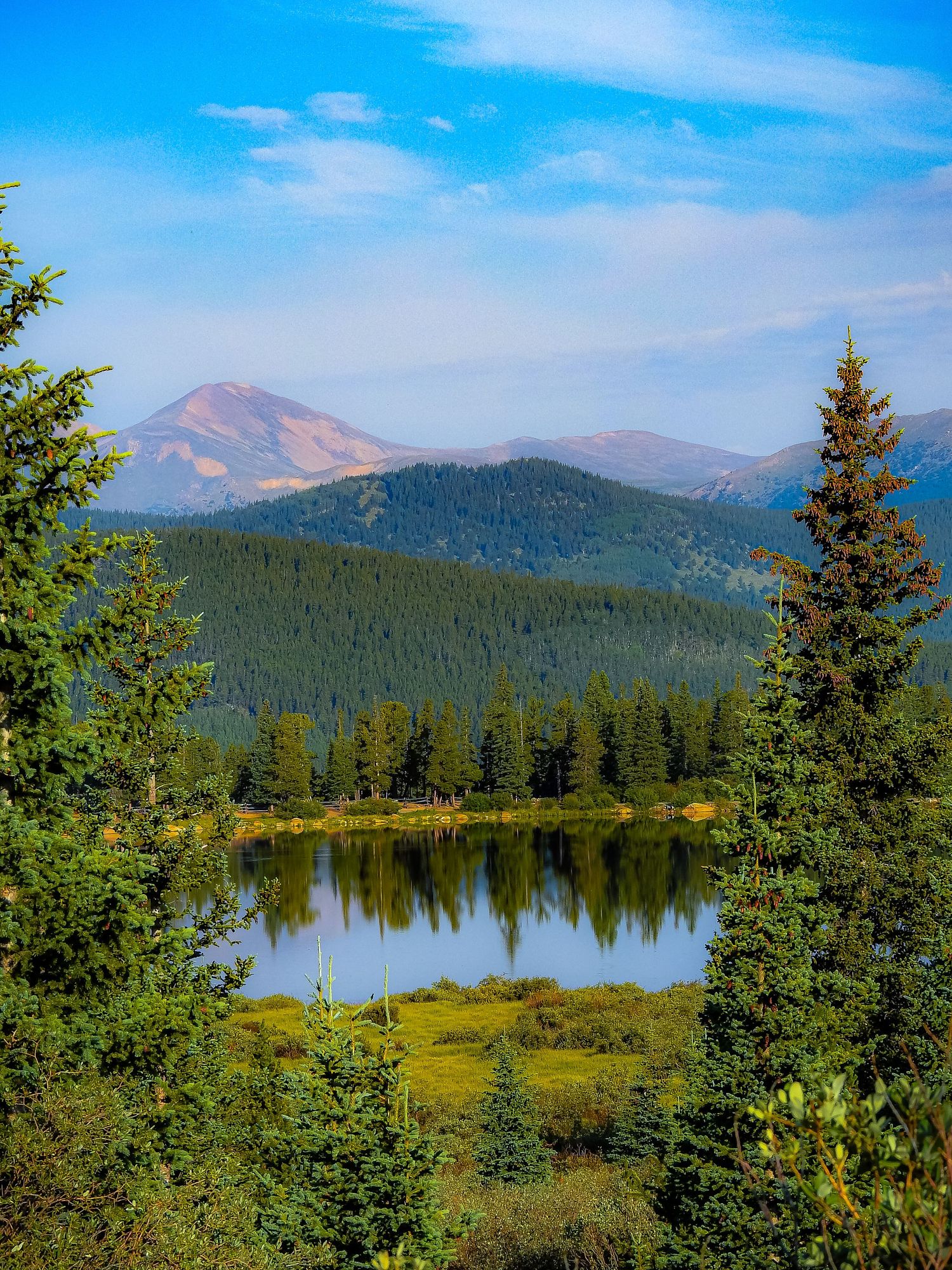 Serene mountain lake reflects evergreen forest and distant peaks under blue summer sky.