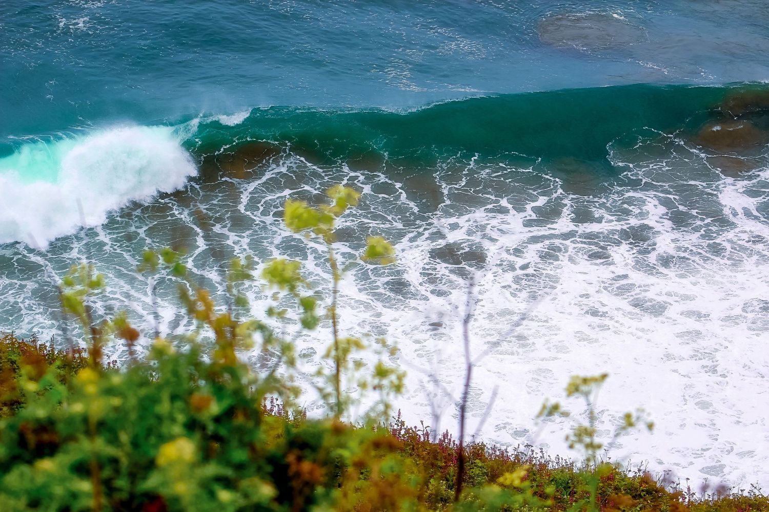 Emerald green wave breaking with white foam spray against rocky coastline.