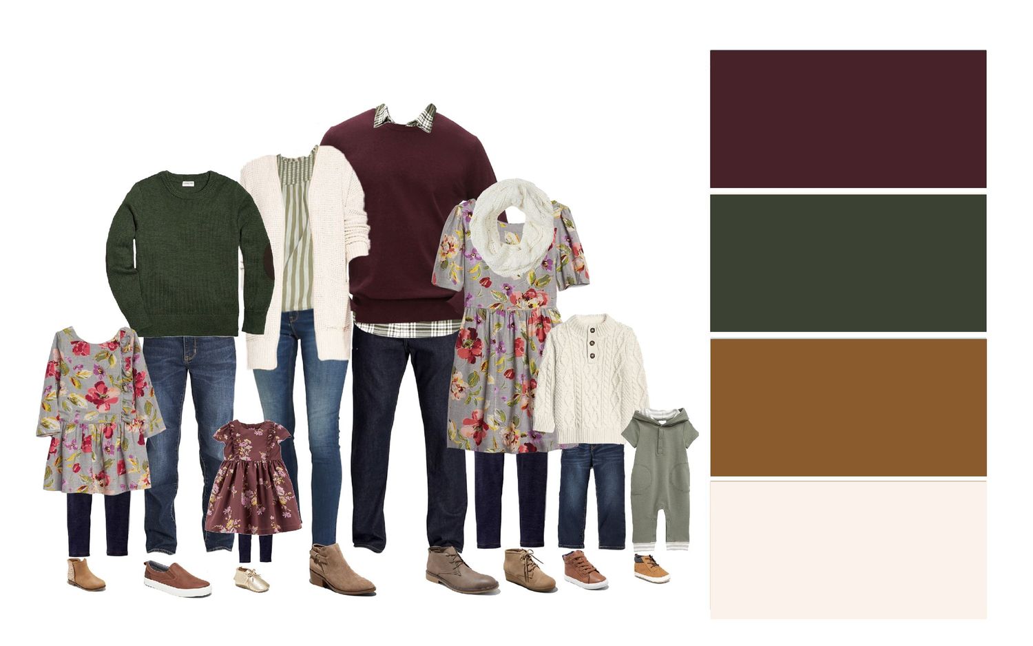 Fall family wardrobe collection featuring deep burgundy, forest green and neutral earth tones.