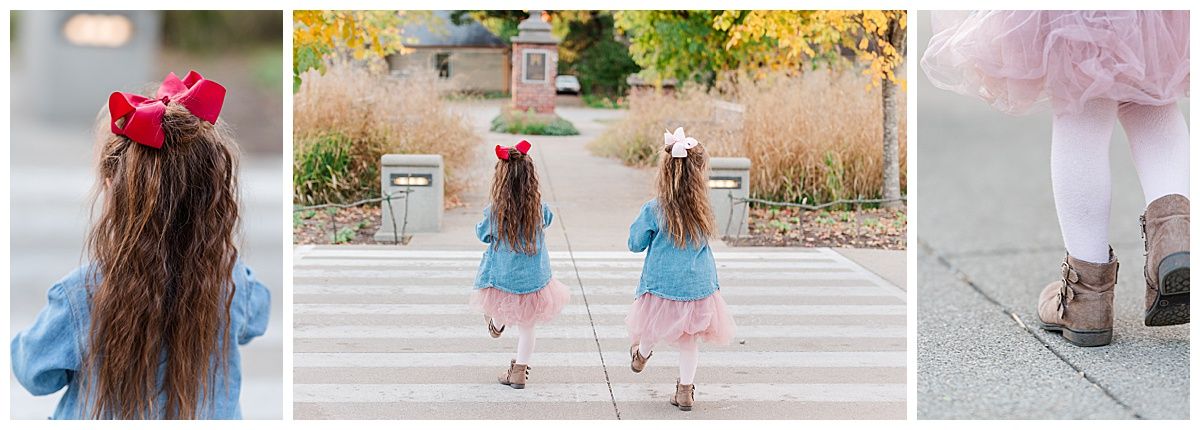 Twin girls synchronized walking outfit inspiration bow dress boots fall by Family Photographer Jayme Riggleman