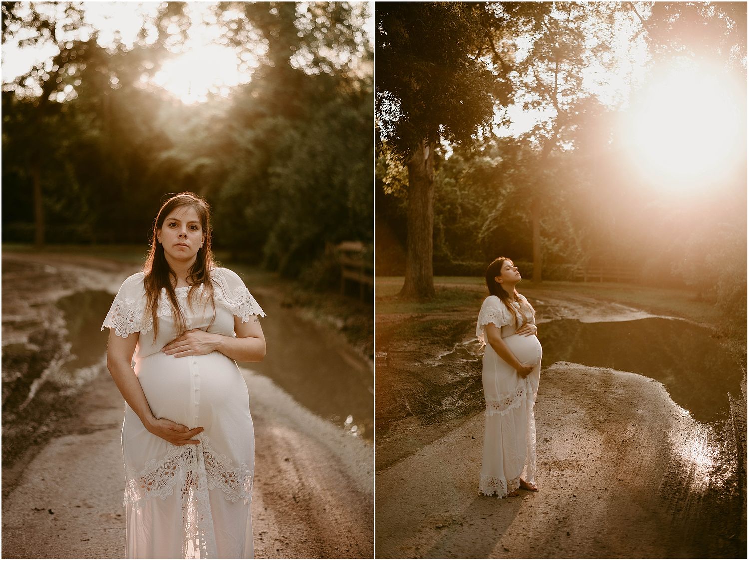 Split image of maternity poses on nature trail during golden hour.
