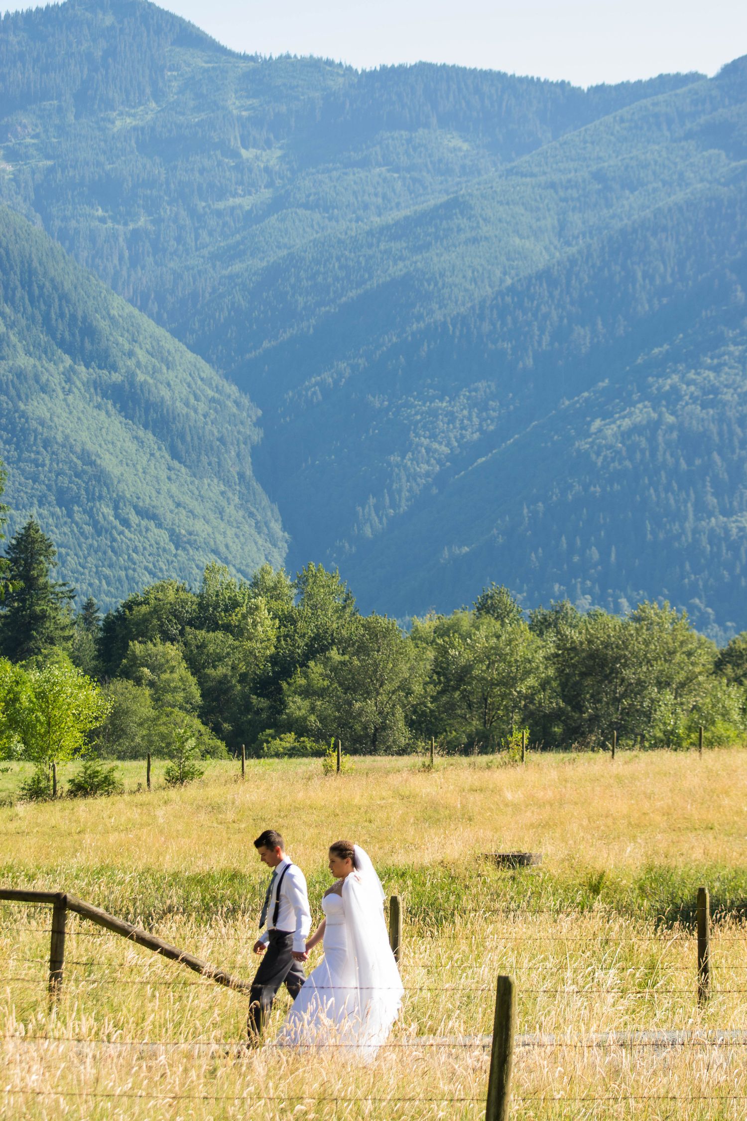 A couple in wedding attire walks through a mountain meadow with evergreen-covered peaks in the background.