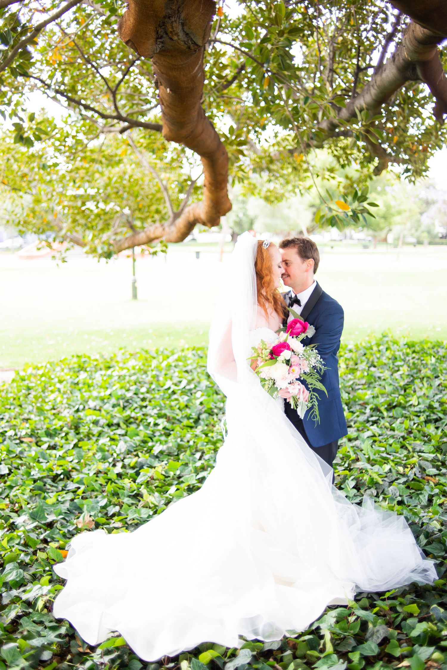 A wedding couple poses under a tree branch surrounded by lush green foliage.