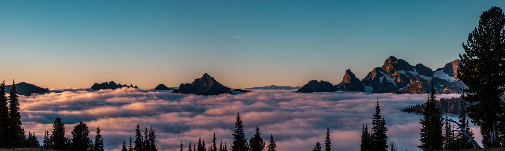 Snow-capped mountain peaks rise above a sea of clouds at sunset in a panoramic wilderness landscape.