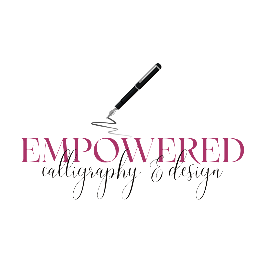 Elegant calligraphy logo design with pen nib in pink and black colors.