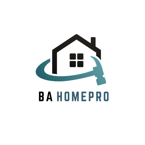 Home improvement logo design with house icon and hammer in black and teal.