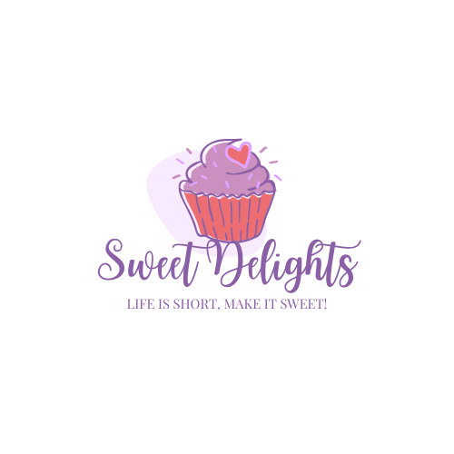 Cute cupcake logo for bakery with pink and purple color scheme and sweet tagline.