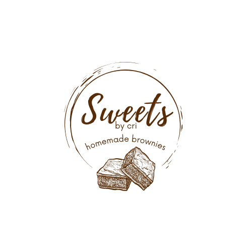 Vintage brown circular logo design for homemade brownies featuring hand-drawn brownie illustration.