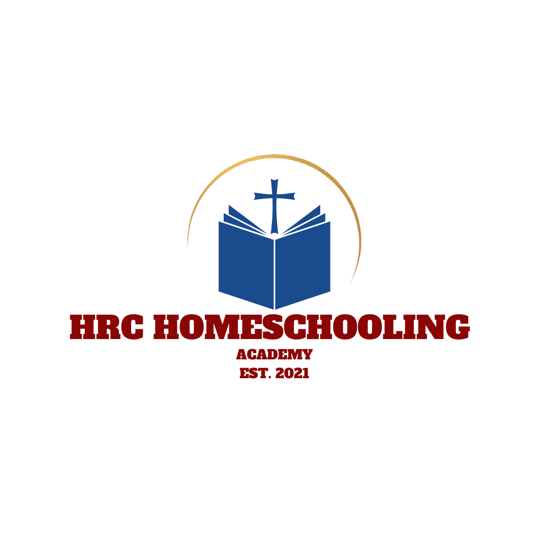 Christian homeschool academy logo featuring bible and cross in blue and red colors.