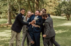 Fun group photo sequence showing wedding party members interacting outdoors.