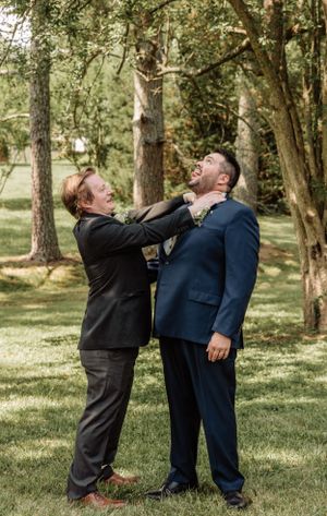 Groomsmen create playful dramatic poses in a series of outdoor wedding photos.